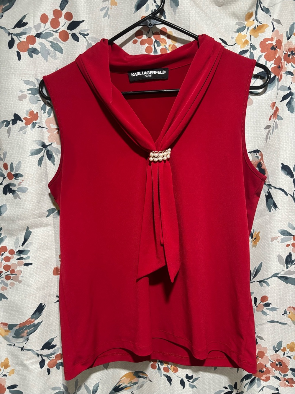 Karl Lagerfeld Red Pearl-Accent Sleeveless Tie-Neck Camisole